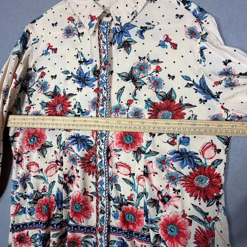 Lola P Womens Floral Polka‎ Dot Button Down Shirt Small High Low Boho Cottage